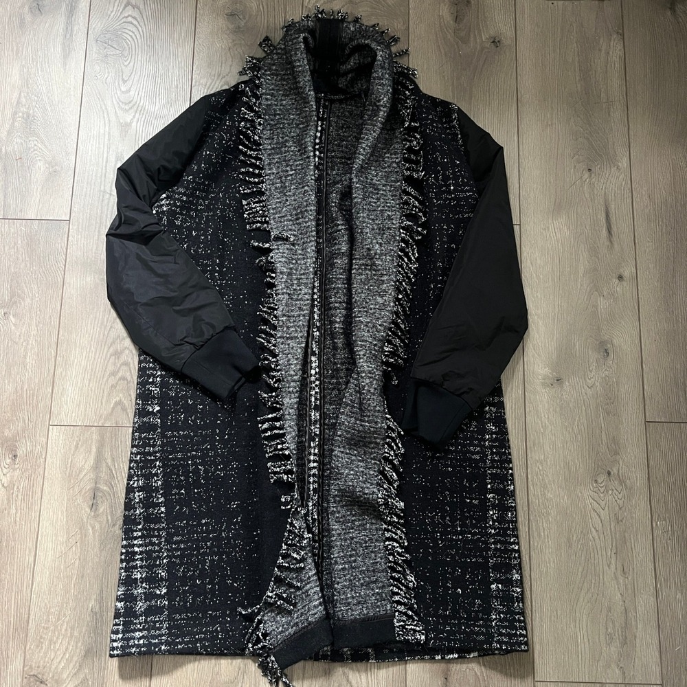 L.A.M.B. Gwen Stefani Virgin Wool Plaid Fringe Mixed Media Cardigan Coat XS/S